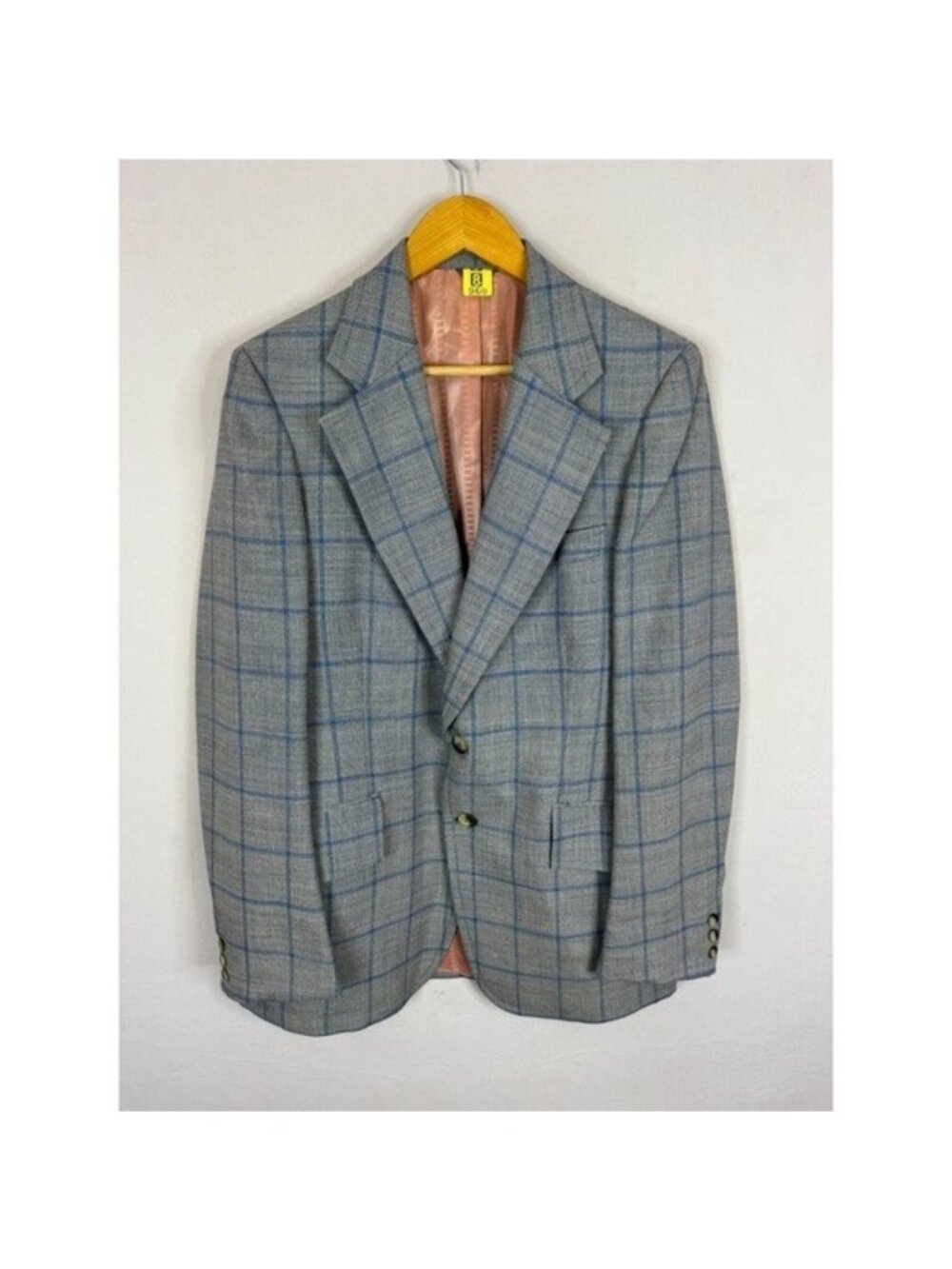 70s Disco Drapeshire Men 40L Vintage Wool Blazer Grey Blue Windowpane Sport Coat